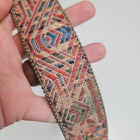Retro‎ Tapestry Southwestern Geometric Belt Women's S Coral Tan Blue Gold Buckle - Picture 3 of 7